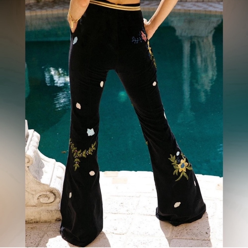 🌼 CU Burn it Down Floral Embroidered Black Velvet Pants - Picture 3 of 11